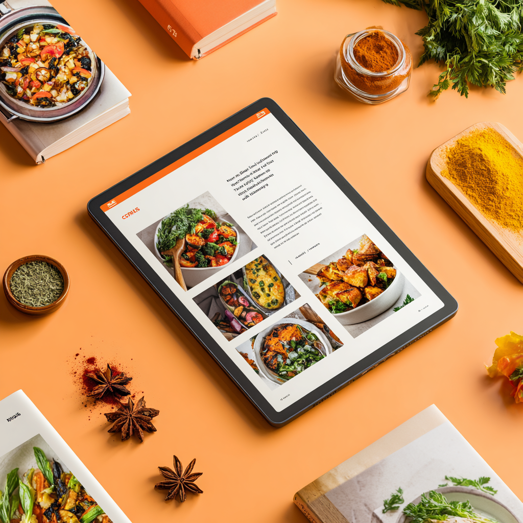 Cooking eBook on a kitchen table with fresh ingredients