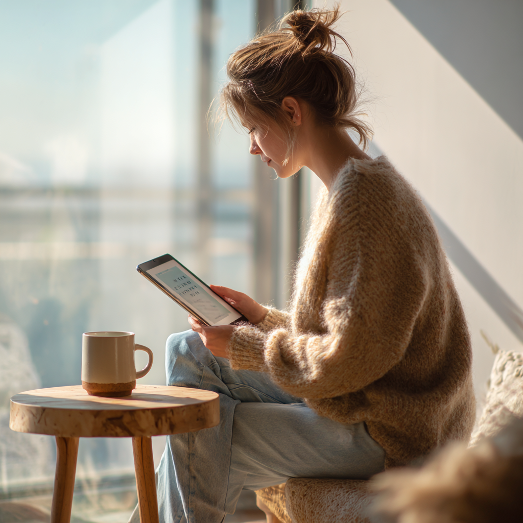 Person reading a self-help eBook by the window