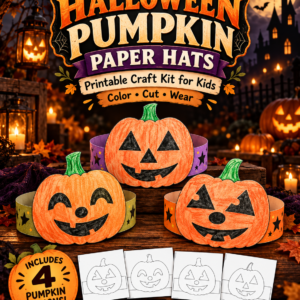 Printable Halloween pumpkin paper crown craft kit with four cheerful orange jack-o-lantern designs.